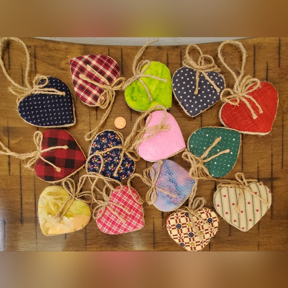 Handmade Fabric Heart Ornaments Lot 14pc Farmhouse Valentine Decor
